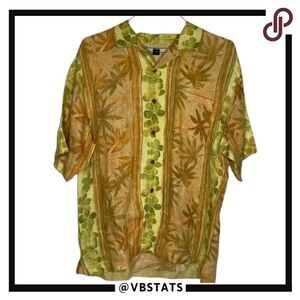 Tommy Bahama Gold-Green-Yellow Tropical Graphic SS 100% Linen Soft Shirt Medium